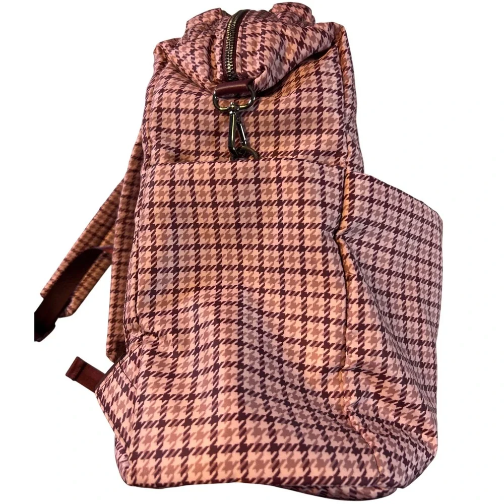 A New Day Backpack Tote‎ Bag Pink Burgundy Houndstooth Check Recycled Polyester